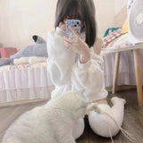 White Off Shoulder Hoodie Sweatshirt 2024 Autumn New Fluffy Thicked Warm Tops Women Y2k E-Girl Long Sleeve Sweatshirts-Outfit