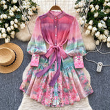 Fongt Spring Dress Women's New Dress Elegant Collar Lantern Sleeves To Close The Waist Print Lotus Leaf Side Skirt