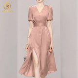 Ladies Korea Chic Summer Dress For Women Sexy V-Neck Puff Short Sleeve High Waist Split Mid Dresses Female