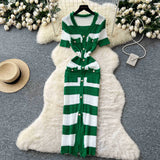 Fongt Fragrant Style High-End Hair-Side V-Neck Short-Sleeved Knitted Dress Women's Summer Waist Single Buckle-Clove Long Dress