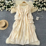 Fongt Retro Design Collar Lotus Side Splicing Single Buckle Horn Lace Lace Waist Dress Woman