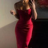 Women's Wear Winter Sexy Temperament Waist Show Slim Long Skirt Knitted Square Collar Sling Dress-Outfit
