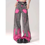 Fongt Street Graffiti-Print Straight Jeans Women High-Rise Thin Legs Loose-Fall Tug On The Ground Long Pants Tide