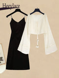 Women Summer Dresses Sets Korean Casual Straps Vest Black Dresses And Flare Sleeve Sunscreen Two Pieces Set