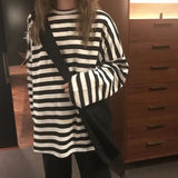 Fongt 2024 New Ins Tide Black And White Stripes Early Autumn Loose Long-Sleeved T-Shirt Schoolgirl