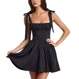 Fongt Summer New Women's Fashion Collar High Waist Folded Splicing Bow Sling Dress