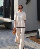 Fongt Fashion Suit Temperament Bumpy Open Fork Short-Sleeved Knit Shirt High Waist Thin Leg Trousers Two Sets