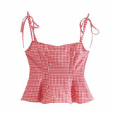 2021 Plaid High Waist Flare Pants Women Vintage Red Gingham Summer Trouser Chic Front Welt Pockets Woman Casual