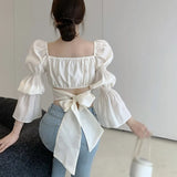 Summer Vintage Women Elegant Casual Blouses Long Sleeve Backless Bow Tops Korean Fashion Sweey Shirts Square Collar-Outfit
