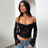 Fongt 2025 Women's New Fashion Sexy Hot Babes Lace Word Long-Sleeved Short Top