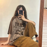 Harajuku Vintage Graphic Brown Top Women Korean Style 90s Streetwear Aesthetic Oversize T-shirts Patchwork Letter