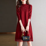 And Winter Lace Stitched Knitted Dress Femininity New Bottom Women's Medium-Length Loose Sweater Skirt-Outfit