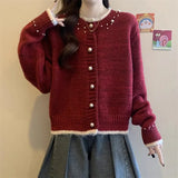 Fongt With A Soft Glutinous Nail Beads Color Short Cardigan Knitted Sweater Women's Spring And Autumn New Loose Chic Top
