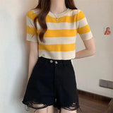 Fongt Classic Bump Striped Short-Sleeved Ice Silk Knitted Women's Summer T-Shirt Short Repair Small Shirt