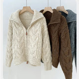 Fongt Version Of Double Zippered Strand Sweater Coat Women's 2025 Winter Design Sense Of The Collar Plus Thick Long-Sleeved Knitted Open Shirt