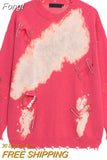 Women Tie Dye Gradient Print Crew Neck Loose Ripped Hole T-shirt Tops 2023 Autumn Korean Pattern Pullover Tee Tops