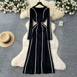 Fongt High-End Sense Niche Fashion Side To Receive Waist Round Collar Long-Sleeved Sweater Dress Female Thin Dress