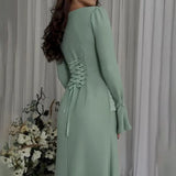 Fongt Temperament Micro-Trumpet Folded Cross Superimposed Tying Belt Girded Waist Dressing Spliced High-Waisted Dress