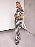 Fongt Summer Women's Fashion Casual Polo Collar Stripe Color Patchwork Short Sleeve Set 88175-Outfit