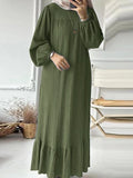 Fongt Muslim Women's Robes Spring And Autumn New Fashion Bubble Sleeves Retro Pocket Hem Side Dress