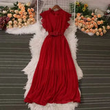 Fongt Sense Of Light Luxury Temperament Flying Sleeve Round Recipient Waist Thin A Word 100-Fold Dress Elegant Swing Long Skirt