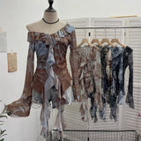 Fongt Shooting Retro Shoulder Tie-Dye Net Horn Long-Sleeved T-Shirt Irregular Lotus Leaf Side Ribbon Y2k Top 8012