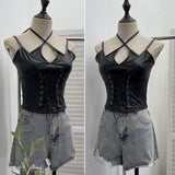 Fongt Shooting Locomotive Punk Pu Splicing Fishing Net Hanging Neck Sling Vest Babes Wearing Rope Repair Short Blouse 8106