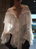 Fongt Early Spring New High-End French Design Wood-Side Chiffon Women Loose V-Neck Solid Color Niche Blouse