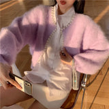 Lantern Sleeve Mink Cashmere Sweater Knitted Cardigan Korean Beads 2023 New Causal Knitwear Open
