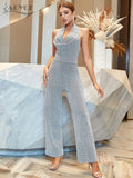Fashion Women's Halter Backless Jumpsuits Sexy V Neck & Full Pants Sequins Club Party Casual Streetwear Rompers