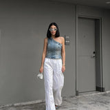 Fongt Asymmetrical Collar Retro Denim Breast Wrap Blouse 6045005