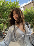 Fairycore V-neck Long Sleeve Ruched A-line Dress for Women+ Slim Fit Mesh Cummerbund 2024 Spring New Blue Two Piece Sets-Outfit