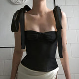 Lace Up Camisole Women Vest Chic Summer New Sleeveless Square Collar Sling Crop Top Solid Color Lady Backless