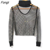 Sparkly Rhinestone T-Shirt for Women Fishnet Mesh See-through Black Shirts Female Sexy Backless Long Sleeve Rave Tee