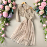 Fongt And Winter Small Fragrant Style Set Of Women's Short Cardigan Coat + Sling Net Yarn Dress Two Sets