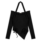 Girl One-line Shoulder Neck Long Sleeve T-shirt Tight Irregular Drawstring Slimming Top Base Shirt-Outfit