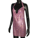Rhinestone Backless Dress Sexy Deep V Neck Sleeveless Side Split Halter Dress Nightclub Party Evening