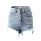 New Summer Stretch-Hole Denim Shorts With A High Waist And A Thin Washedged Wide-Legged Hot Pants-Outfit