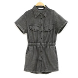 Summer Denim Short Jumpsuit Women Lapel Zipper Pockets Elastic Waist Retro Romper Palysuits Solid Overall Ladies