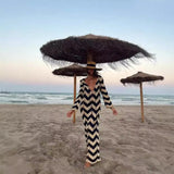 Fongt Women's Explosive Long-Sleeved Knitted Round Lace Hollow Long Dress Fashion Light Luxury