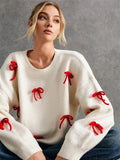 Fongt Red Bow Decoration Loose Round Collar Collar Sweater Autumn Top