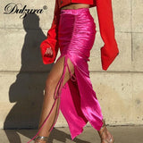 Solid Drawstring Lace Up Ruched High Waist Satin Midi Skirt Slit Bodycon Sexy Streetwear 2021 Autumn Winter