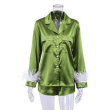 Satin Women Pajamas 2 Piece Set Sleepwear with Feather Cuff Soft Elgant Pajamas Women Nightgown Luxury Ladies'