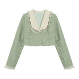 Winter Sweet Tweed Plaid Skirt Sets Women Cute Bow Woolen Jackets Mini Skirts Green Elegant Suit Female New 2 Pieces Sets-Outfit