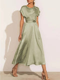 Women's Dress Elegant Satin Silk Green Office Ladies Lace-up Midi Dress Chic Evening Party Dresses for Women 2023 New-Outfit