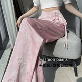 Summer New Chinese Style Satin Jacquard High Waist Wide Leg Pants Female Show Thin Hanging Feeling National Wind Fashion Plate Buckle Show Thin Trousers-Outfit