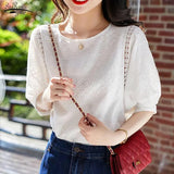 New 2021 Korean Fashion Women's Lantern Sleeve Loose Shirts Embroidery Cotton Lace O-neck Casual Blouses Plus Size