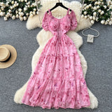 Fongt Famous Breeze Mashed Flowers Bubble Sleeves With Dress Women Summer Waist Repair Royal Sister Temperament Beautiful Long Dress