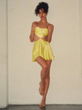 Satin Sexy Hollow Out Mini Dress Women Yellow Spaghetti Strap High Waist Women Dress Summer Slim Fashion Streetwear