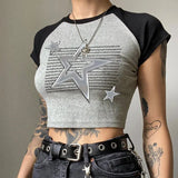 Metal Five-Pointed Star Spliced Collision Color Short-Sleeved T-Shirt New Slim And Slim Jacket For Spring And Summer 2024-Outfit